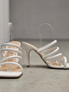 Strappy White High Heel Sandals With Square Toe  Strap  Elegant Style For Women